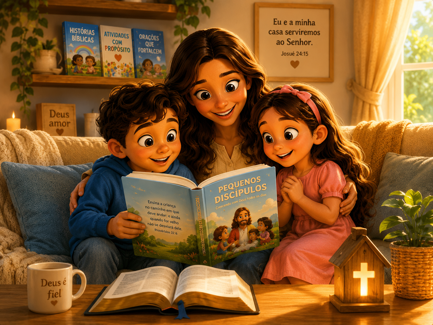 Família cristã lendo o livro Pequenos Discípulos juntos em casa